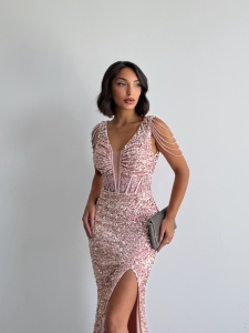 Rochie eleganta lunga cu paiete si lantisoare pe umeri - Img 2