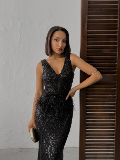 Rochie eleganta lunga cu paiete si pene - Img 5