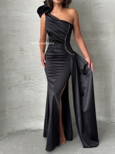 Rochie eleganta lunga din satin cu accesoriu pampon - Img 7
