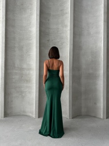 Rochie eleganta lunga din satin cu aplicatie din plasa cu strasuri - Img 4