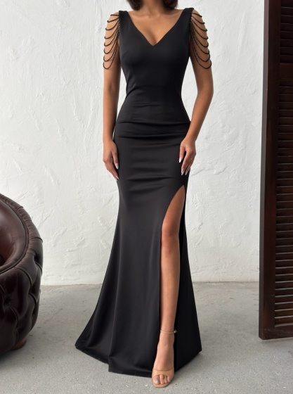 Rochie eleganta lunga tip sirena accesorizata cu lantisoare - Img 2