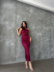 Rochie eleganta midi cu umarul gol accesorizata cu pampon - Img 5