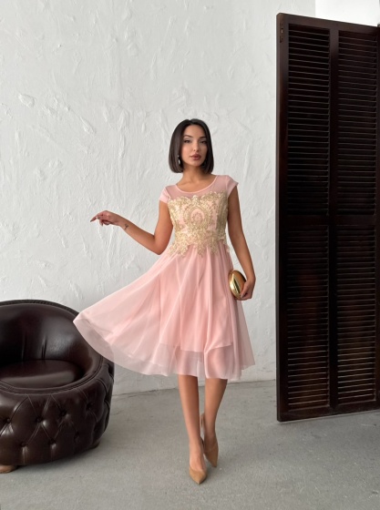 Rochie eleganta scurtă din tull cu insertii aurii - Img 4