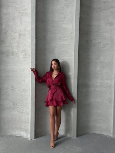 Rochie eleganta stil camasa cu maneca lunga accesorizata cu pampon - Img 4
