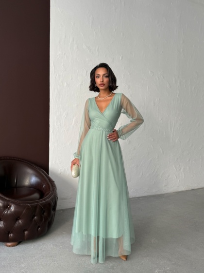 Rochie lunga din tull cu accesoriu in talie - Img 4