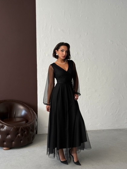 Rochie lunga din tull cu accesoriu in talie - Img 6