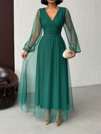 Rochie lunga din tull cu accesoriu in talie