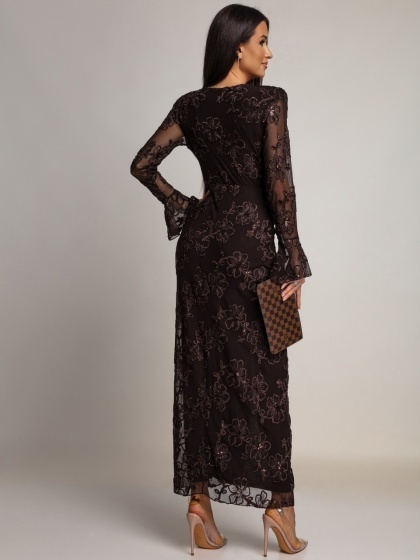 Rochie lungă din tull, cu broderie florală, paiete strălucitoare și mâneci evazate tip clopot - Img 4