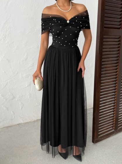 Rochie lunga din tull cu detalii perle - Img 5