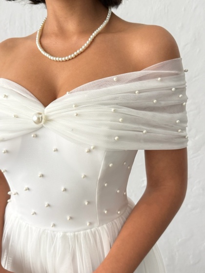 Rochie lunga din tull cu detalii perle - Img 6