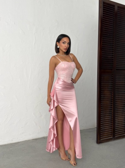 Rochie lunga eleganta din satin cu bust brodat si paiete - Img 5