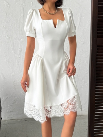 Rochie scurtă cu garnitura din dantela si funda la spate - Img 3