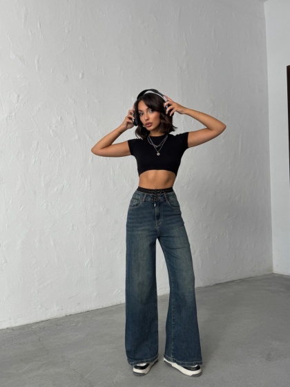 Blugi evazati cu talie elastică cu șiret - Img 1