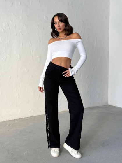 Blugi evazati elastici accesorizati cu perlute - Img 3