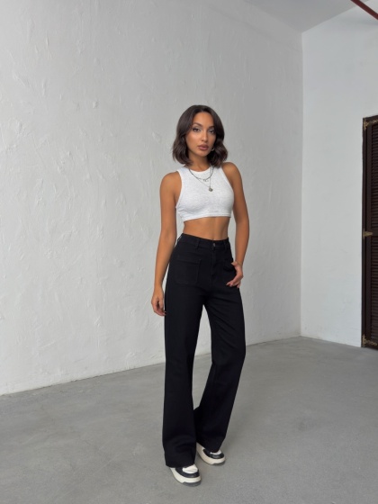 Blugi evazati elastici cu buzunare in fata - Img 5