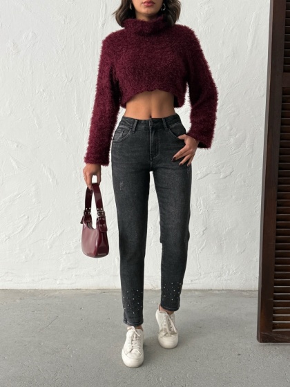 Blugi mom fit elastici accesorizați cu perle aplicate la tiv - Img 2