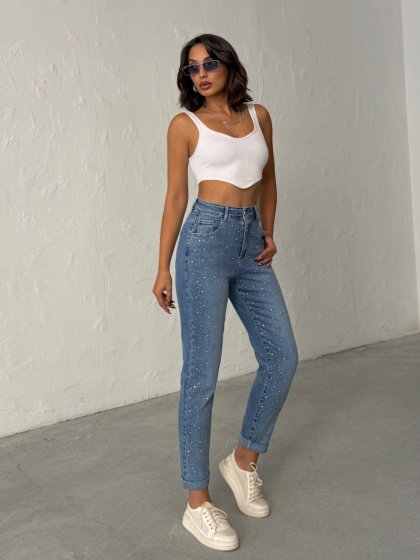 Blugi mom fit elastici cu aplicatii din strasuri - Img 6