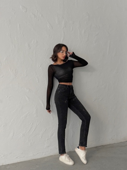 Blugi mom fit elastici cu stropi de vopsea - Img 8