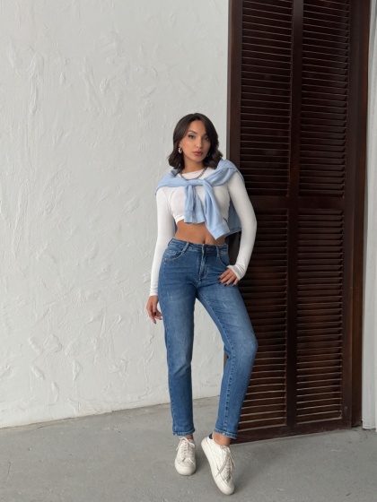 Blugi mom fit elastici decorativ pe buzunarul din spate - Img 5