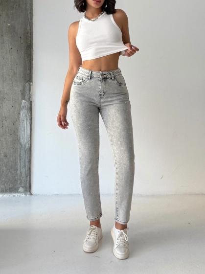 Blugi skinny elastici cu aplicatii din strasuri