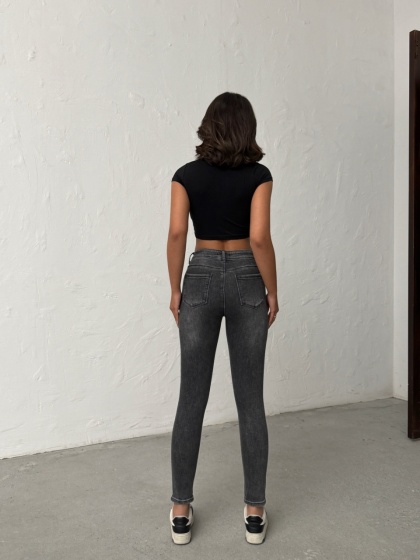 Blugi skinny elastici cu design zgariat - Img 6