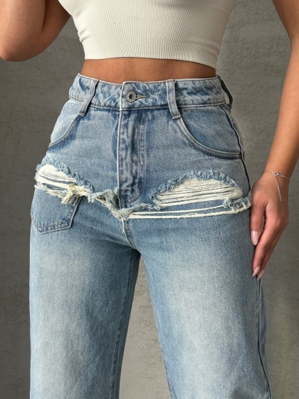 Blugi wide leg cu abraziuni în față, în zona buzunarelor - Img 1