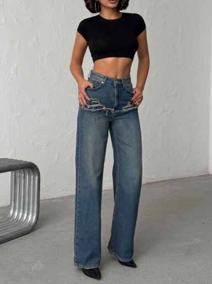 Blugi wide leg cu abraziuni în față, în zona buzunarelor