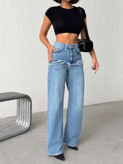 Blugi wide leg cu abraziuni în față, în zona buzunarelor - Img 1