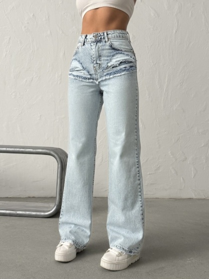 Blugi wide leg cu abraziuni în față, în zona buzunarelor - Img 3