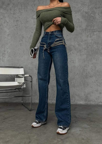 Blugi wide leg cu abraziuni în față