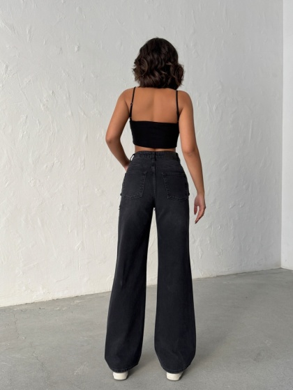 Blugi wide leg cu abraziuni în față - Img 5