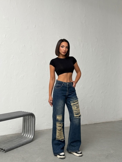 Blugi wide leg cu abraziuni - Img 7