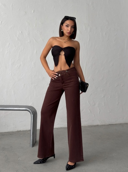 Blugi wide leg cu aplicatii din strasuri si talie asimetrica - Img 4