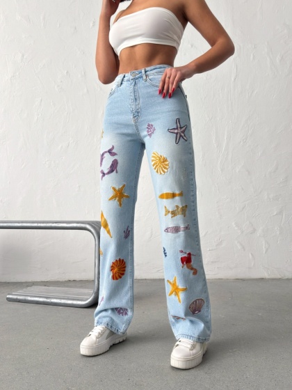 Blugi wide leg cu broderie marină