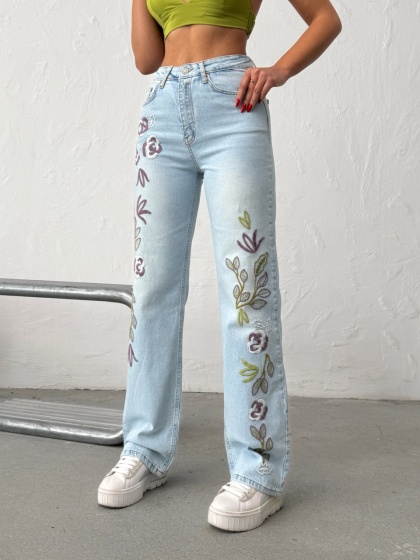 Blugi wide leg cu broderie