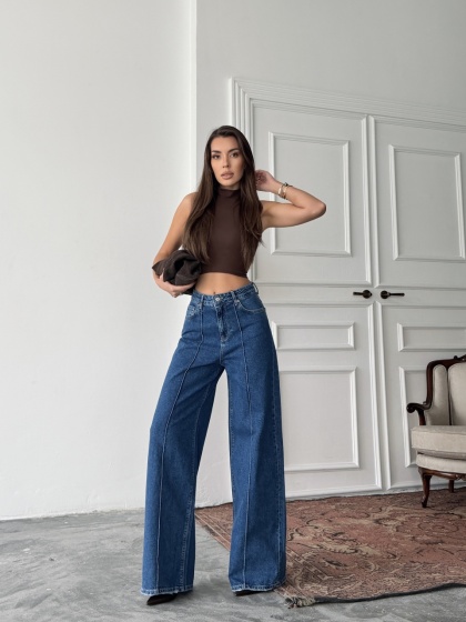 Blugi wide leg cu dunga pe mijloc - Img 2