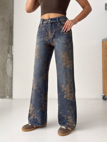 Blugi wide leg cu imprimeu floral maro și detalii strălucitoare - Img 6