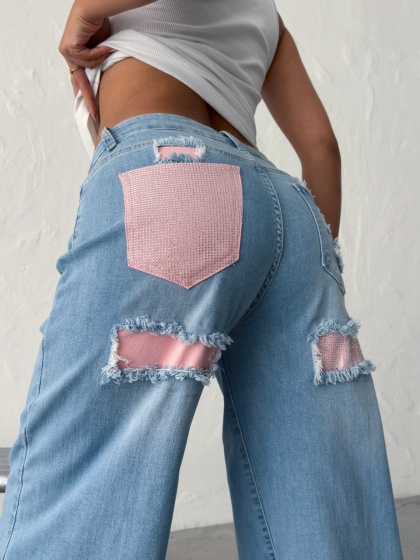 Blugi wide leg cu inserții roz - Img 7