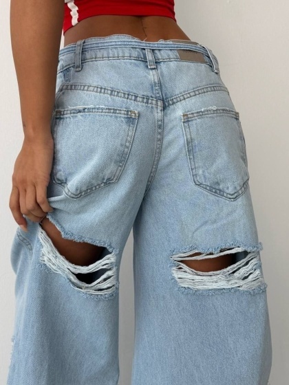 Blugi wide leg cu siret si design rupt - Img 3
