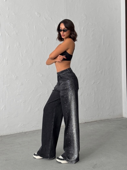 Blugi wide leg cu strasuri pe lateral - Img 6