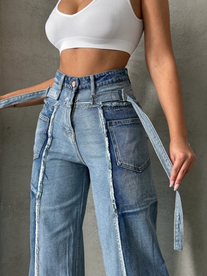 Blugi wide leg cu talie inalta si desing patchwork - Img 7