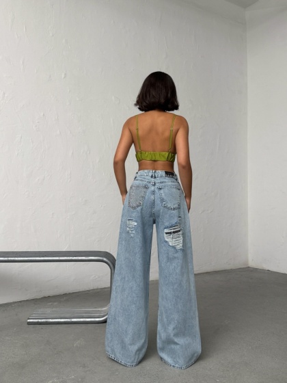 Blugi wide-leg din denim cu detalii ripped