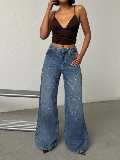 Blugi wide-leg din denim cu detalii strălucitoare - Img 6