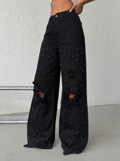 Blugi wide-leg din denim cu detalii strălucitoare