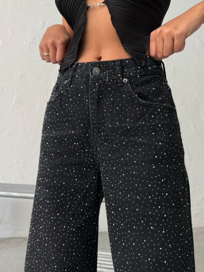 Blugi wide leg din denim cu detalii strălucitoare - Img 5