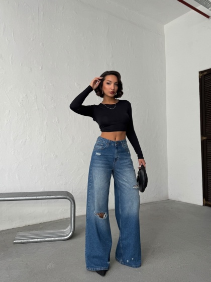 Blugi wide leg din denim cu rupturi - Img 8