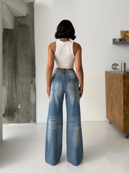 Blugi wide leg elastici cu rupturi și efect prespălat - Img 5