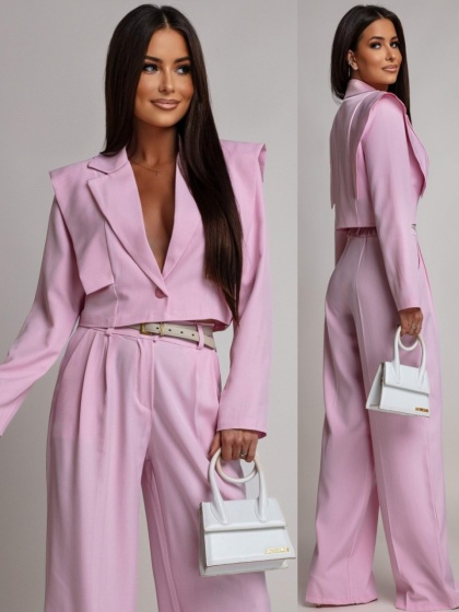 Costum cu pantalon evazat si sacou scurt - Img 2