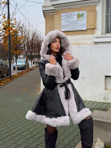 Geaca lunga din imitatie de piele cu blana artificiala - Img 6