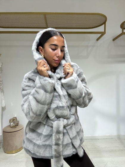 Palton scurt din blana artificiala cu cordon - Img 1